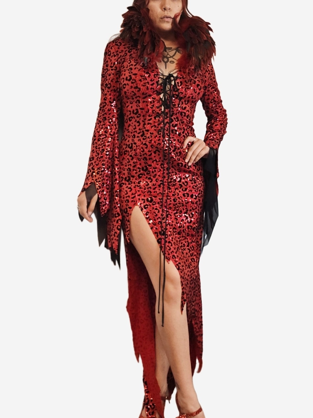 Glam Red Sequin Leopard Lace-Up Asymmetric Dress! - Picture 5 of 12